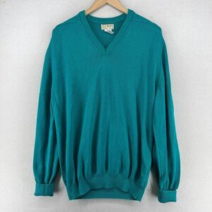 LL BEAN Sweater Mens LT Tall V-Neck Jumper Pullover Cotton Green USA VTG